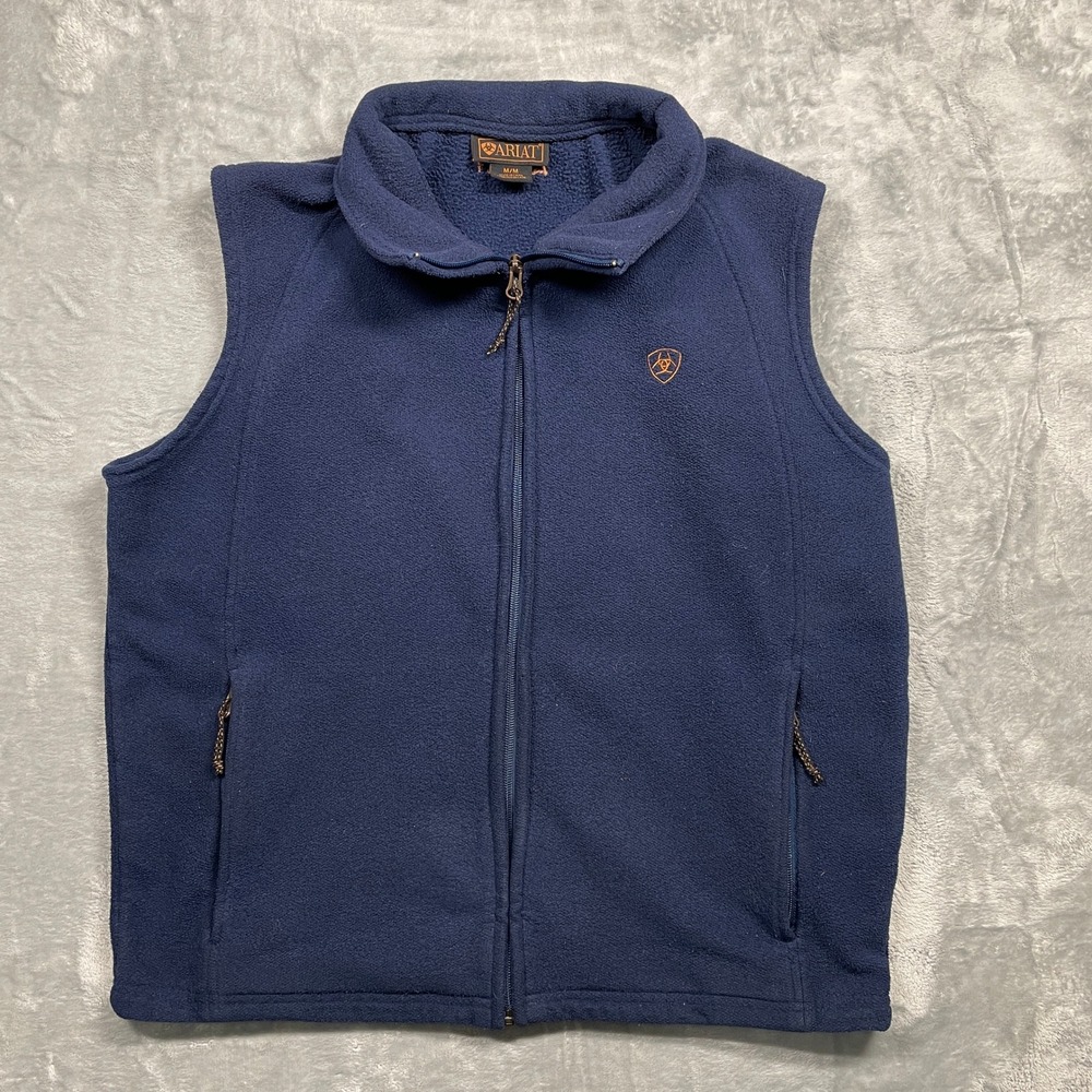 Ariat Fleece Vest Mens Medium Navy Blue Full Zip Mock Neck Logo Pockets